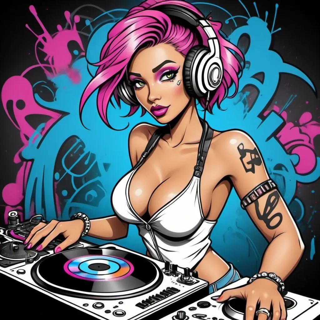 Prompt: Coloring page Graffitti cartoon dj  character revealing cleavage cyber punk gangster print 