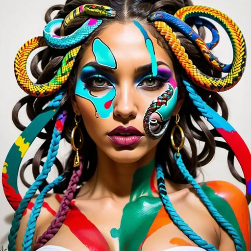 Prompt: Color art print page Graffiti art face microbraided snake long medusa hair charachter revealing cleavage graffiti art face make up print sedusa adornment 