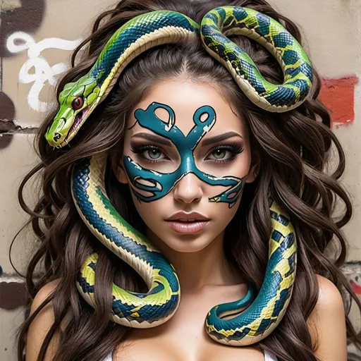 Prompt: Graffiti art face microbraided snake long medusa hair charachter revealing cleavage graffiti art face make up print