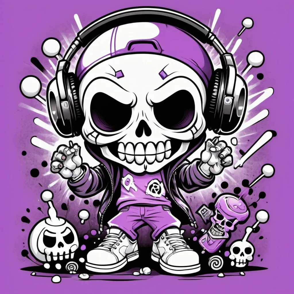 Prompt: Coloring page Cartoon Graffitti character cyber punk gangster happy candy skull hip hop dj charachter spray bomb print pastel purple black white 