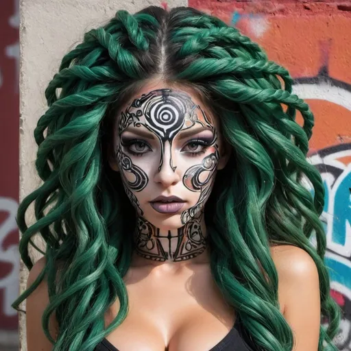 Prompt: Graffiti art face microbraided long medusa hair charachter revealing cleavage graffiti art face make up