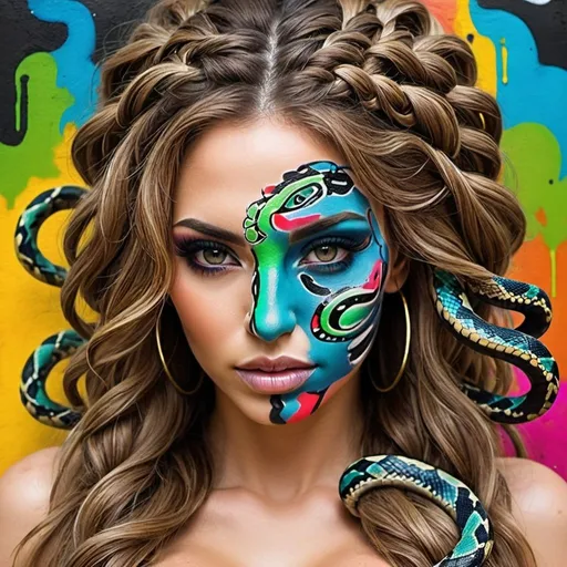 Prompt: Color art print page Graffiti art face microbraided snake long medusa hair charachter revealing cleavage graffiti art face make up print