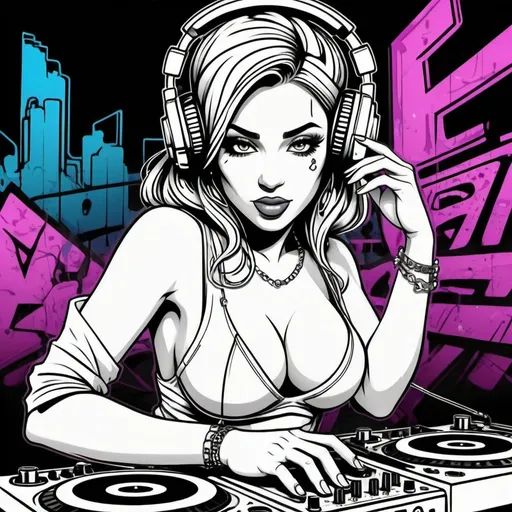 Prompt: Coloring page Graffitti cartoon female dj  character revealing cleavage cyber punk gangster print 