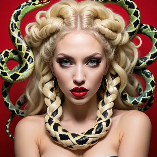 Prompt: medusa blonde microbraided volumous snake hair revealing very large full red lips cleavage graffiti make up art - sedusa adornment