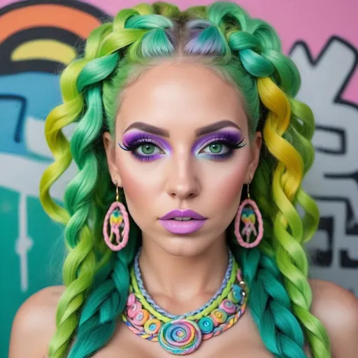 Prompt: Pastel graffiti medusa green eyes revealing extra large cleavage with rainbow pastel microbraided hair and full lips designer bold unique loud makeup artists bold adornment creative