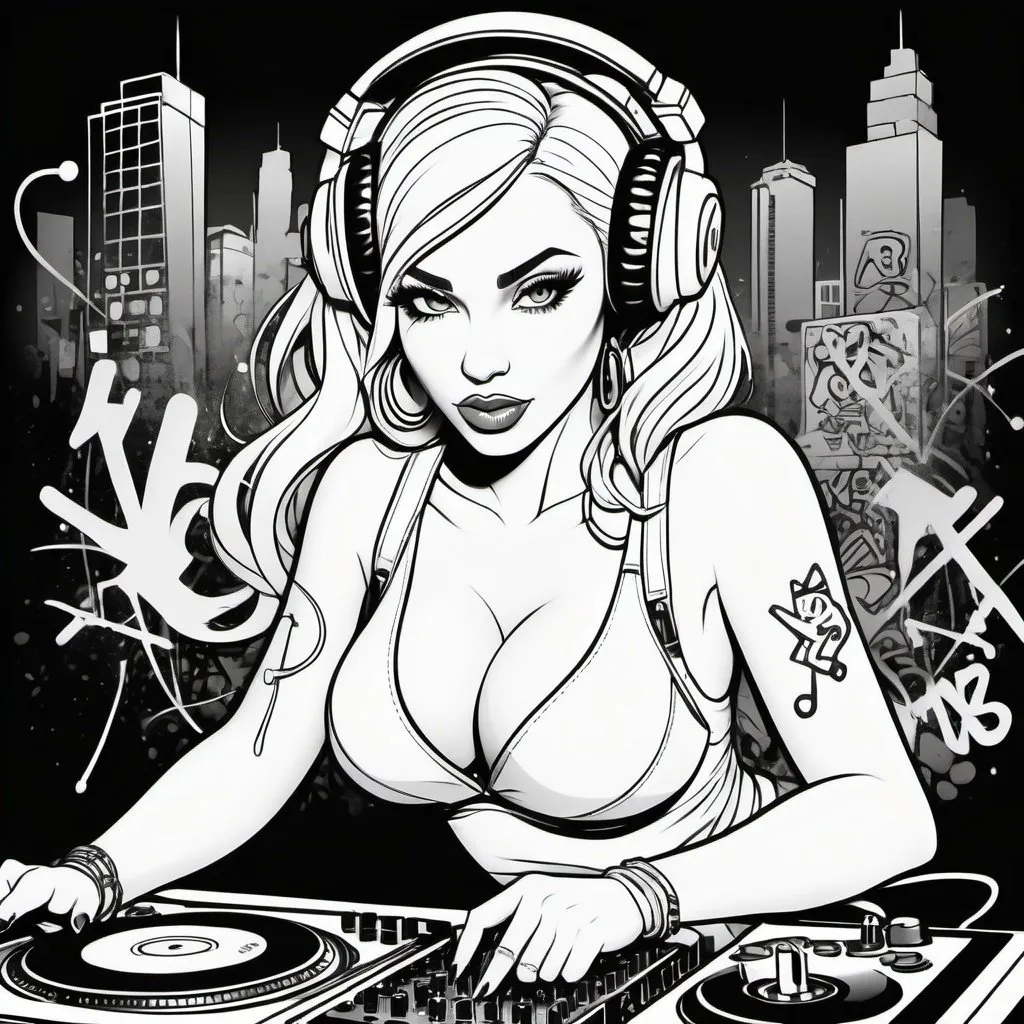 Prompt: Coloring page Graffitti cartoon female dj  character revealing cleavage cyber punk gangster print 