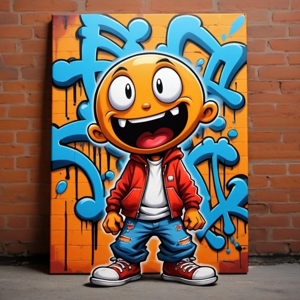 Prompt: Cartoon Graffiti character art on back canvas backround