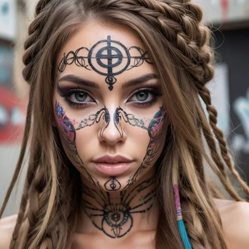 Prompt: microbraided long hair charachter revealing cleavage graffiti art face make up