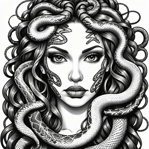 Prompt: Coloring page Graffiti art face microbraided snake long medusa hair charachter revealing cleavage graffiti art face make up print