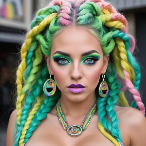 Prompt: Pastel graffiti medusa green eyes revealing extra large cleavage with rainbow pastel microbraided hair and full lips designer bold unique loud makeup artists bold adornment creative