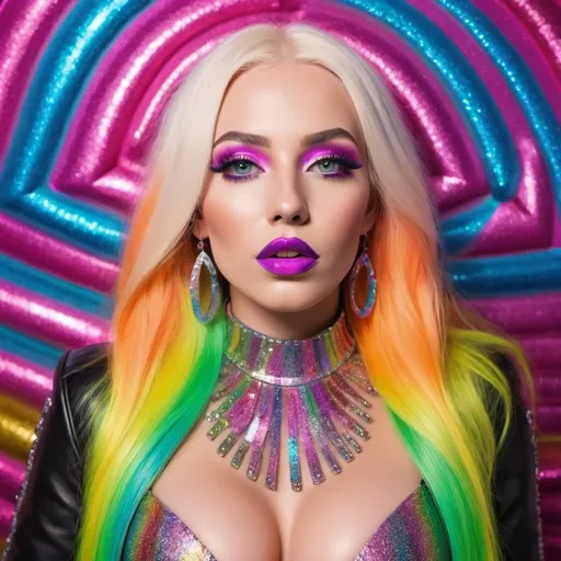 Prompt: Very long blonde neon rainbow hair revealing extra large cleavage full lips unique loud bold glittery makeup with glittery custom leather outfit