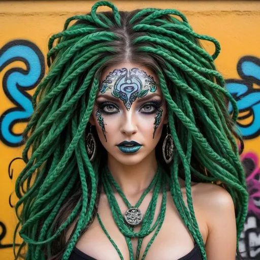 Prompt: Graffiti art face microbraided long medusa hair charachter revealing cleavage graffiti art face make up