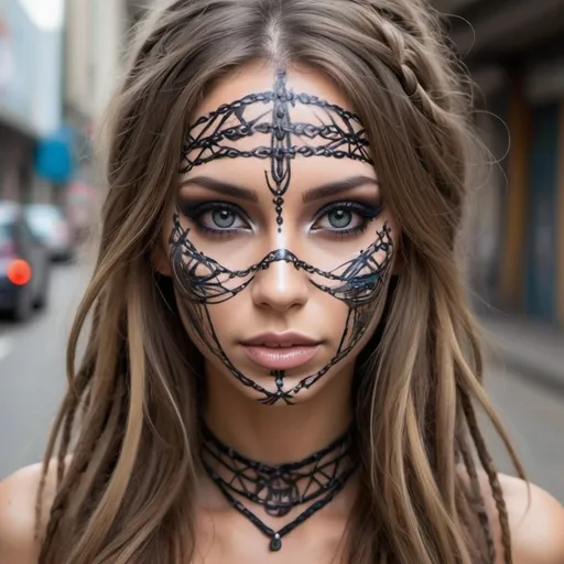 Prompt: microbraided long hair charachter revealing cleavage graffiti art face make up