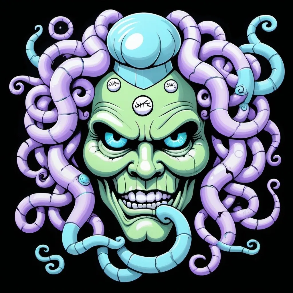 Prompt: Charachters Pastel purple white and pastel blue pastel blue pastel green graffiti medusa charachter on a black wall backround freddy crugar and jason muscular gangster pastel colored  graffiti art by sedusa adornment clothing design 