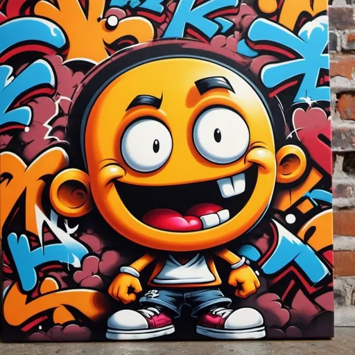 Prompt: Cartoon Graffiti character art on back canvas backround