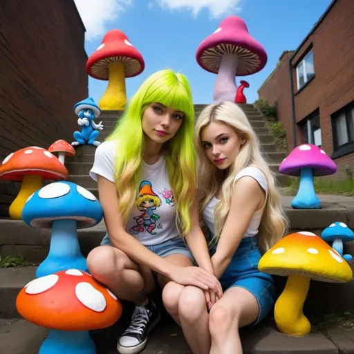 Prompt: Cartoon attitude  characture graffitti blonde neon rainbow long hair the Chester cat and Alice on mushrooms with the smurfs and an extraterestrial being