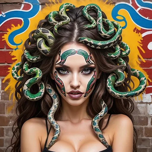 Prompt: Graffiti art face microbraided snake long medusa hair charachter revealing cleavage graffiti art face make up print