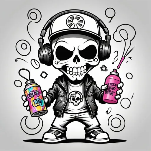 Prompt: Coloring page Cartoon Graffitti character cyber punk gangster happy candy skull hip hop dj charachter spray bomb print