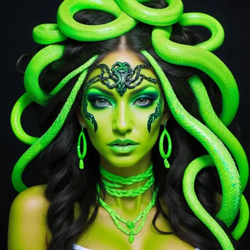 Prompt: medusa microbraided neon green snake long medusa hair charachter revealing cleavage graffiti make up art - sedusa adornment glittery shiney