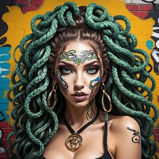 Prompt: Graffiti art face microbraided long medusa hair charachter revealing cleavage graffiti art face make up print