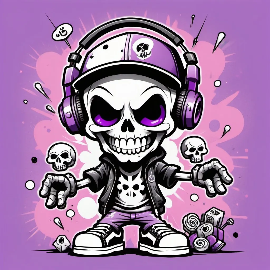 Prompt: Coloring page Cartoon Graffitti character cyber punk gangster happy candy skull hip hop dj charachter spray bomb print pastel purple black white 