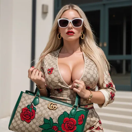 Prompt: Blonde female revealing extra large cleavage full lips wearing custom gucci outfit gucci sunglasses and carrying a gucci bag