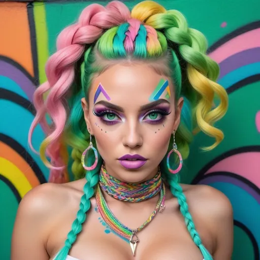 Prompt: Pastel graffiti design gangster character green eyes revealing extra large cleavage with rainbow pastel microbraided hair and full lips designer bold unique loud makeup artists bold adornment creative stylish design graffiti art makeup