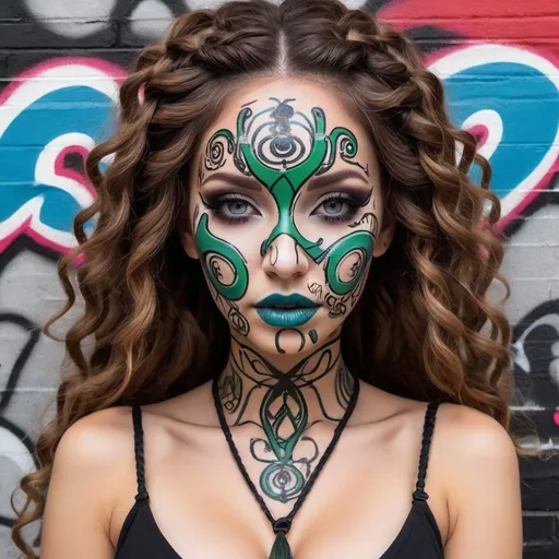 Prompt: Graffiti art face microbraided long medusa hair charachter revealing cleavage graffiti art face make up