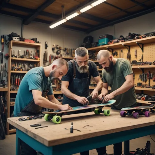 Prompt: 3 men, one with a buzz cut, one with long hair and a beard, and one with a short beard and a short hair cut working in a repair shop fixing electric skateboards