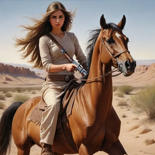Prompt: Girl riding Arabian horse with AK 47, desert landscape, realistic oil painting, detailed features, high quality, realistic, desert tones, intense lighting, detailed horse mane, flowing fabric, strong, fierce gaze, dramatic shadows, oil painting, realistic, desert landscape, detailed features