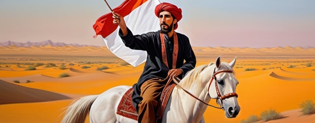 Prompt: Manzoor Pashteen riding Arabian horse with peace flag, oil painting, detailed features, highres, realistic, peaceful, vibrant colors, warm lighting, traditional attire, intricate patterns, calm expression, scenic landscape, cultural significance