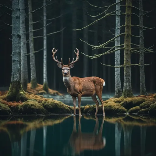 Prompt: Minimal, cinematic, a deer among the trees, forest lake, moss, cold weather, dark teal and amber, sony a7 iv