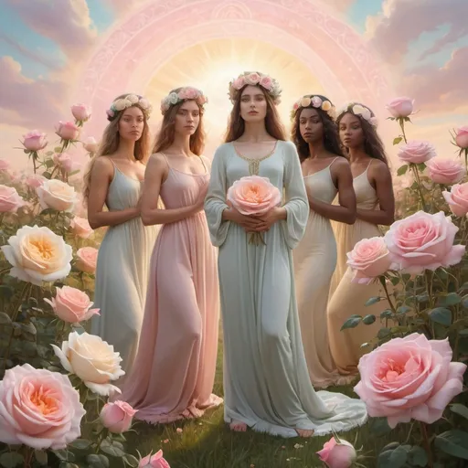 Prompt: Divine Feminine women standing in a field of pastel Roses, garden temple,  Beautiful, goddess crown, many Woman, All Races,  Female, Birth of creation, Mother Earth,  Ethereal, Renaissance Painting, holy light
