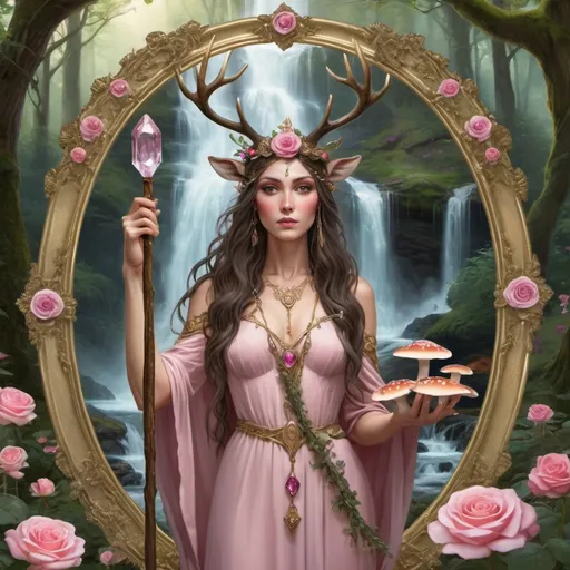 Prompt: druidess priestess ,wearing a stag crown,  pink rose garden , fairies and mushrooms , waterfall, trees, holding a staff and crystal, gold frame
