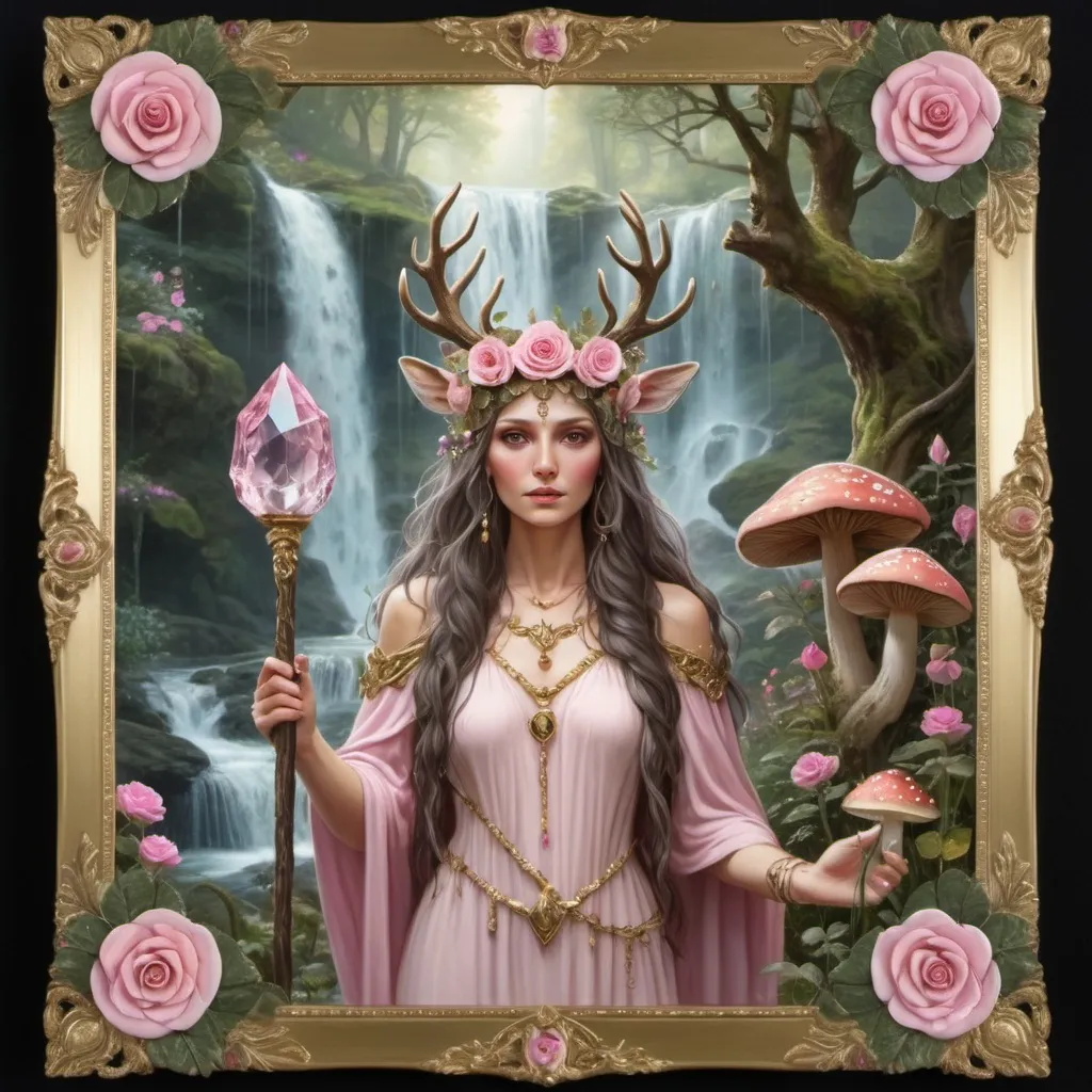 Prompt: druidess priestess ,wearing a stag crown,  pink rose garden , fairies and mushrooms , waterfall, trees, holding a staff and crystal, gold frame

