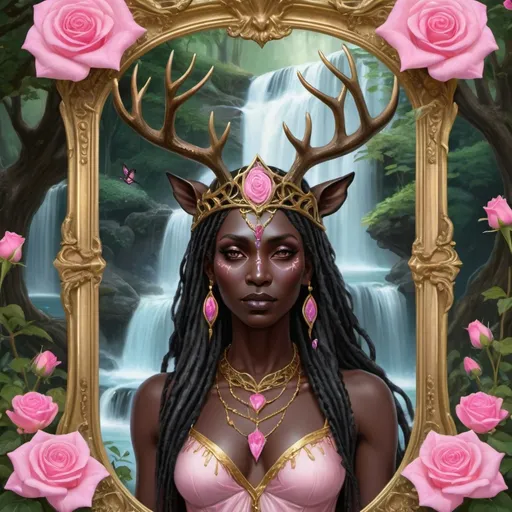 Prompt: black skinned druidess priestess ,wearing a stag crown,  pink rose garden , fairies , dragon waterfall, trees, gold frame

