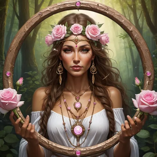 Prompt: Druidess goddess, with a  staff of pink roses and white crystals, Third eye open, tanned skin, brown hair, forest , round water well ,  magick , , goddess, divine light, gold frame 

