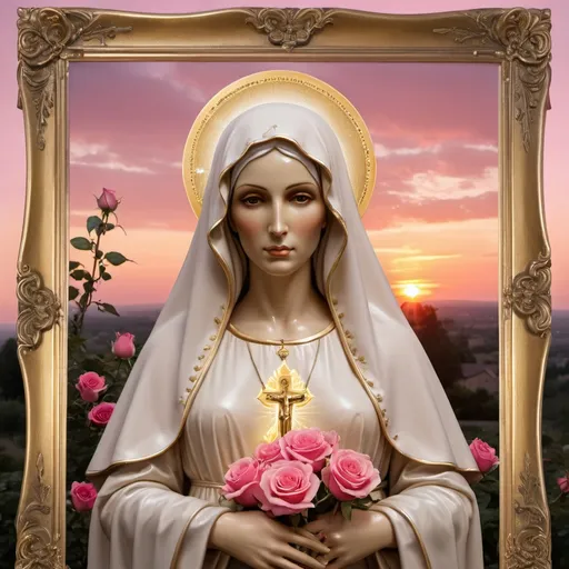 Prompt: Mother mary with roses , holy light behind her, serpent , pink sunset ,  
gold frame