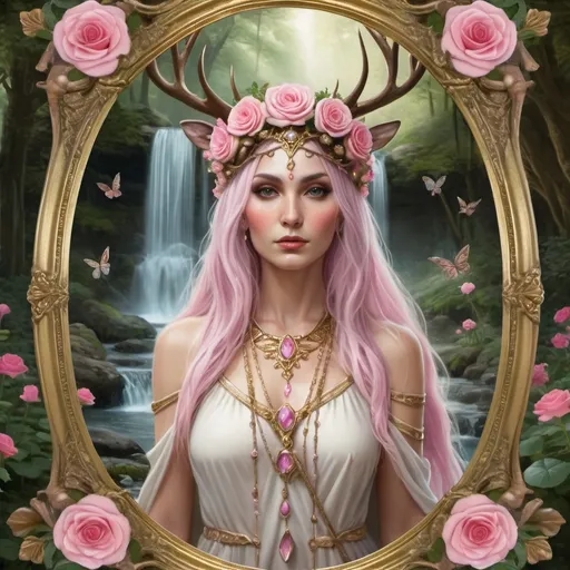 Prompt: druidess priestess ,wearing a stag crown,  pink rose garden , fairies and mushrooms , waterfall, trees, gold frame
