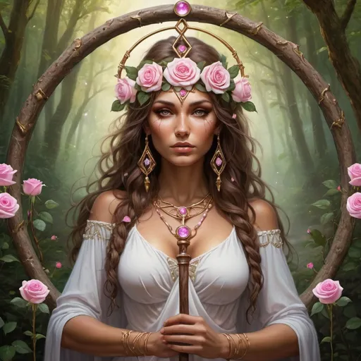 Prompt: Druidess goddess, with a  staff of pink roses and white crystals, Third eye open, tanned skin, brown hair, forest , round water well ,  magick , , goddess, divine light, gold frame 
