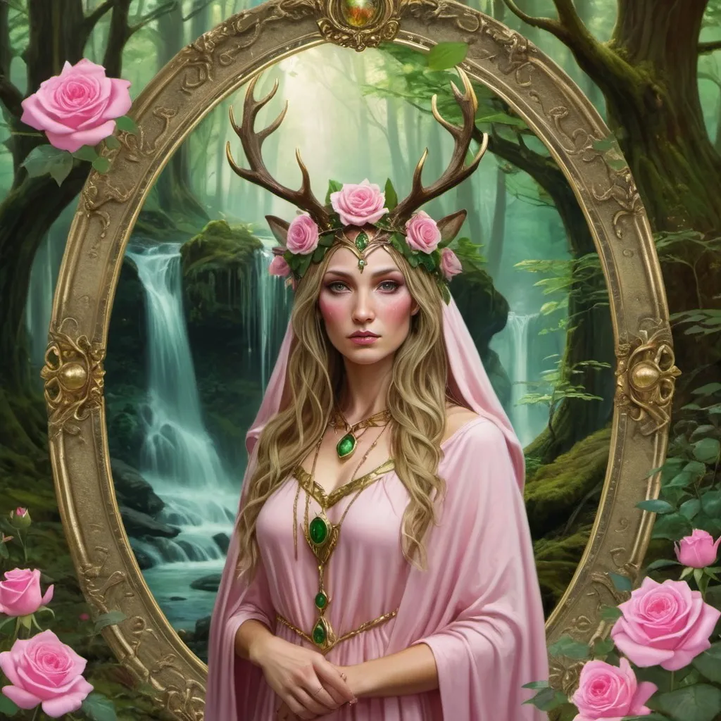 Prompt:  druidess priestess, wearing a stag crown,  pink rose,  green dress forest, fairies , dragon, waterfall, trees, gold frame
