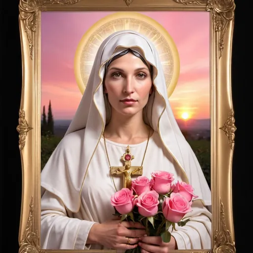 Prompt: Mother mary with roses , holy light behind her, serpent , pink sunset ,  
gold frame