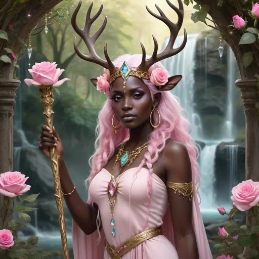 Prompt: dark skinned, druidess priestess,wearing a stag crown,  pink rose garden , fairies and crystals, waterfall, trees, holding a staff and crystal, pink hair, gold frame
