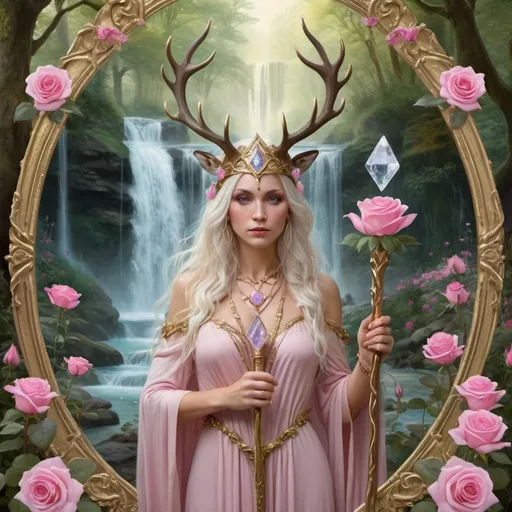 Prompt: druidess priestess,wearing a stag crown,  pink rose garden , fairies and crystals, waterfall, trees, holding a staff and crystal, gold frame
