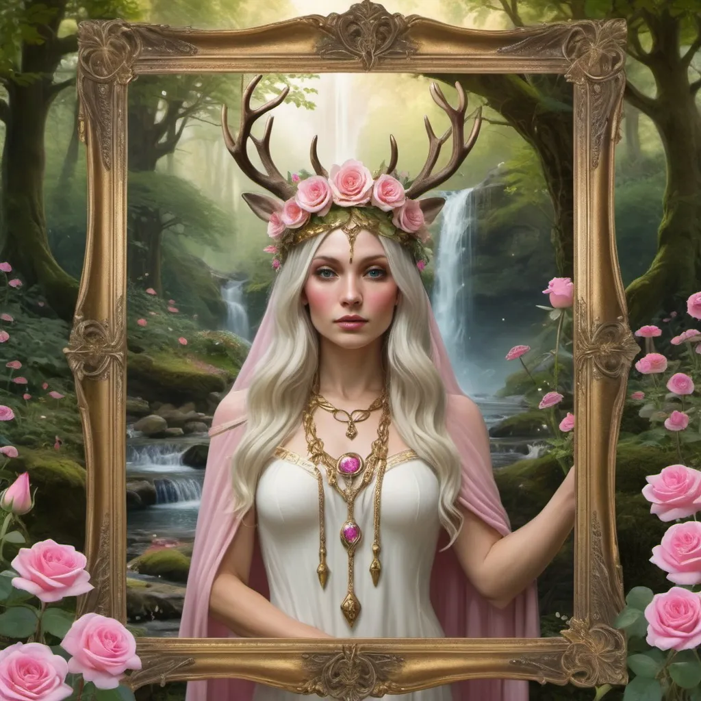 Prompt: druidess priestess ,wearing a stag crown,  pink rose garden , fairies and mushrooms , waterfall, trees, gold frame
