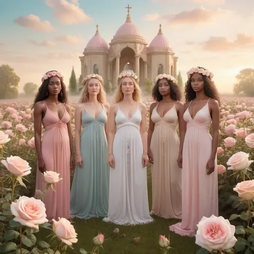 Prompt: Divine Feminine women standing in a field of pastel Roses, garden temple,  Beautiful, goddess crown, many Woman, All Races,  Female, Birth of creation, Mother Earth,  Ethereal, Renaissance Painting, holy light
