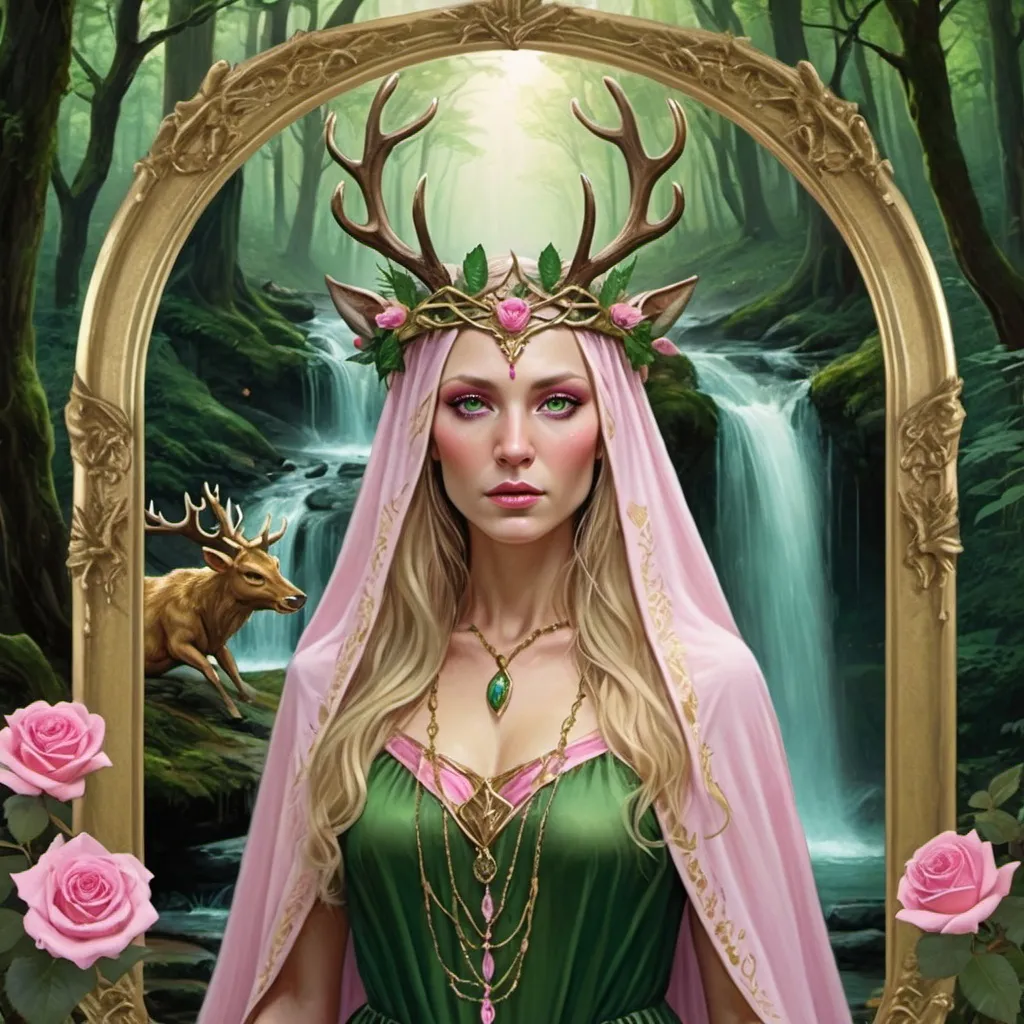 Prompt:  druidess priestess, wearing a stag crown,  pink rose,  green dress forest, fairies , dragon, waterfall, trees, gold frame
