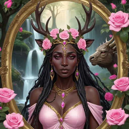 Prompt: black skinned druidess priestess ,wearing a stag crown,  pink rose garden , fairies , dragon waterfall, trees, gold frame
