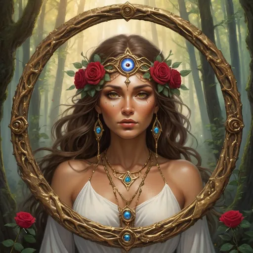Prompt: Druidess goddess, with a  staff of roses and crystals, Third eye open, tanned skin, brown hair, forest , round well , gold frame 
