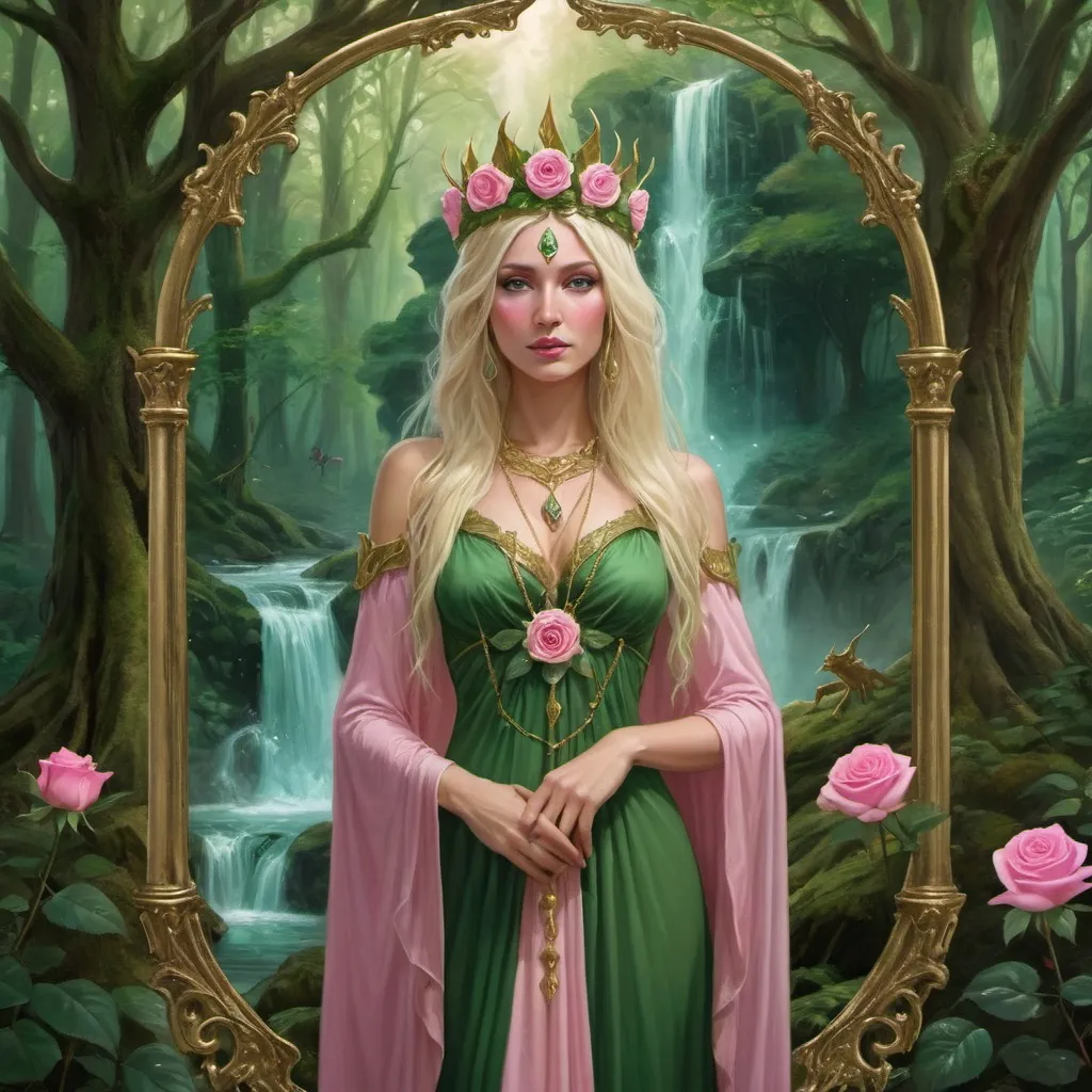 Prompt:  druidess priestess, wearing a crown,  pink rose,  green dress forest, fairies , dragon, waterfall, trees, gold frame
